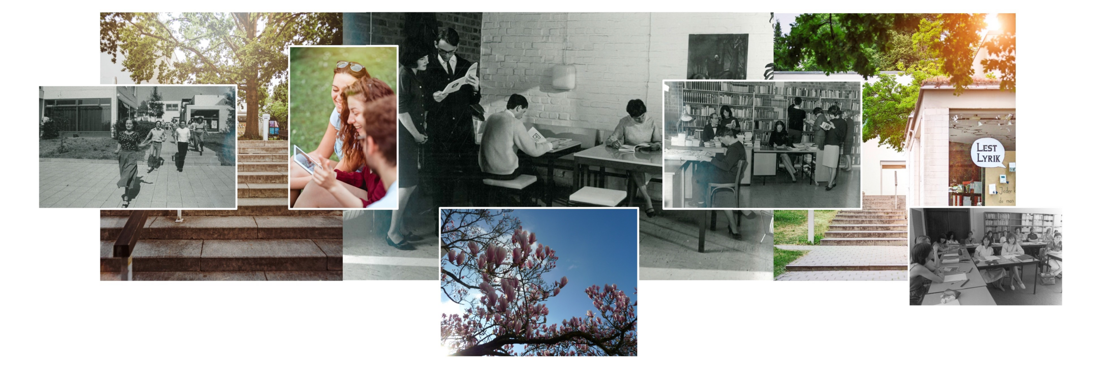 Collage aus alten und neuen Fotografien von Fachwirt:innen am Mediacampus &uuml;ber die Jahre. Die alten Bilder sind schwarz, wei&szlig;. Die neuen Bilder sind bunt.